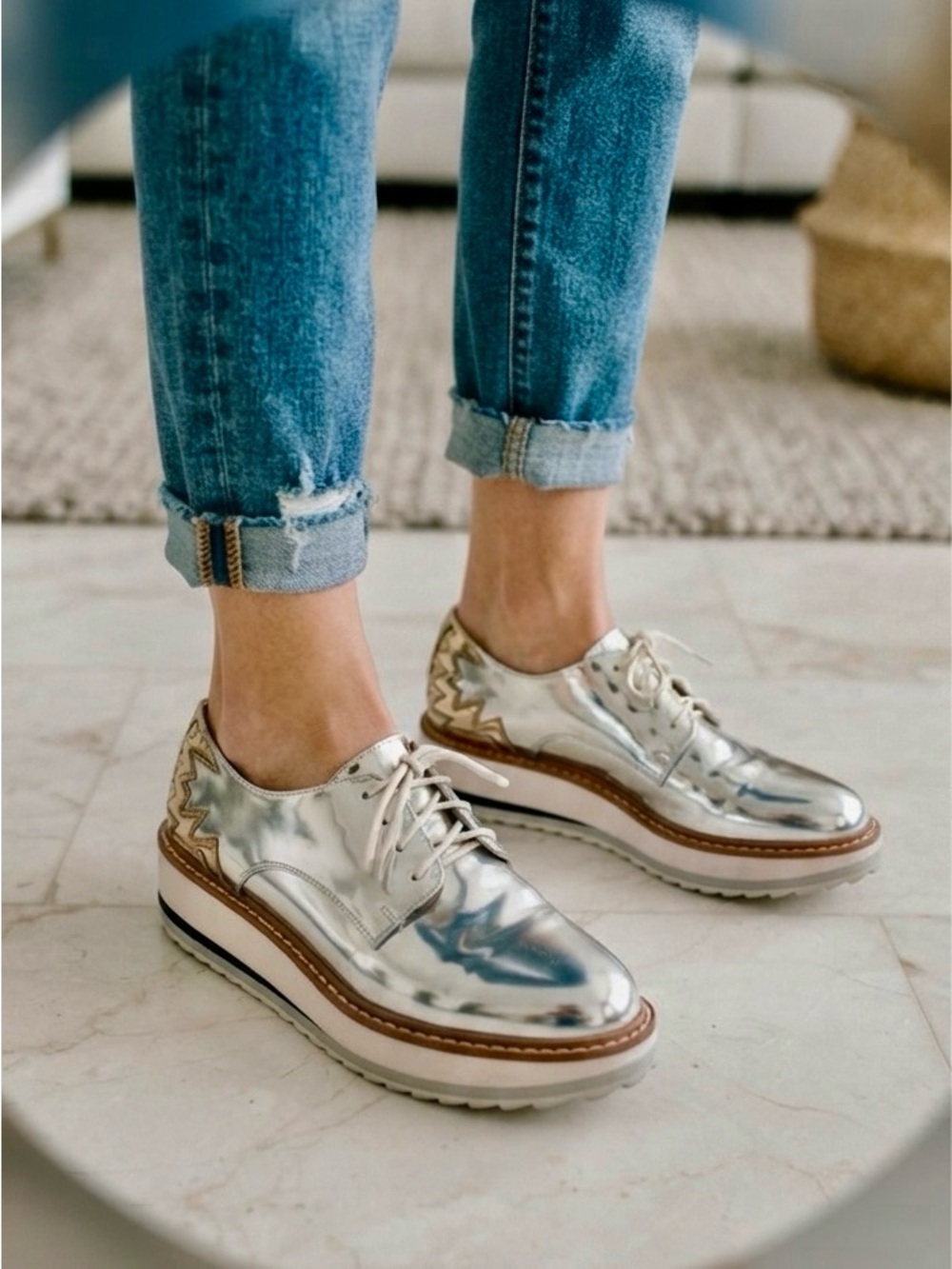 Zara Silver Mirror Metallic Platform Oxford Lace-Up Shoes